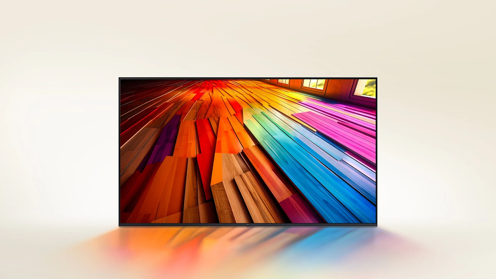 На экране телевизора LG UHD TV отображается длинный участок паркетного пола, окрашенный в яркие цвета.