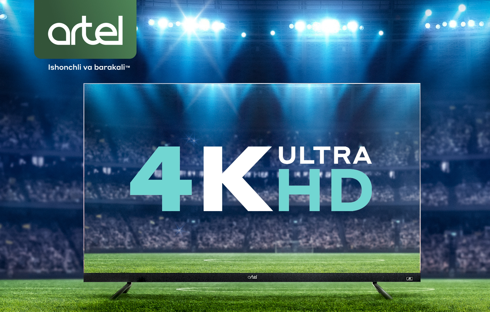 Artel A65LU8500 вид спереди — 4K Ultra HD панель с контентом на экране