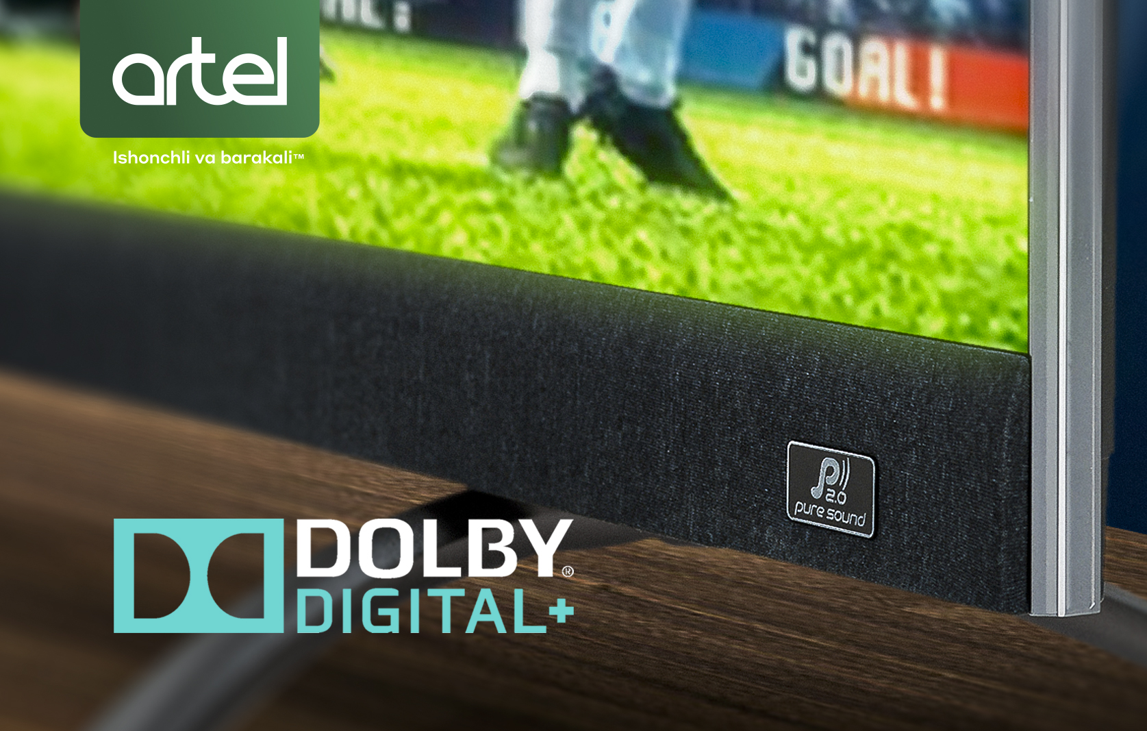 Artel A65LU8500 боковой вид — встроенные динамики Pure Sound 2.0 с поддержкой Dolby Digital+