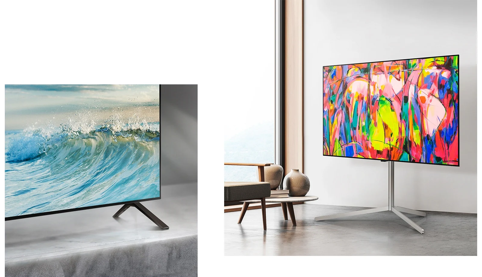 Нижний угол подставки для телевизора LG OLED TV, OLED B4 на мраморной поверхности. На экране появляется бледно-голубая волна. Телевизор LG OLED TV, OLED B4 на подставке в минималистичном пространстве.
