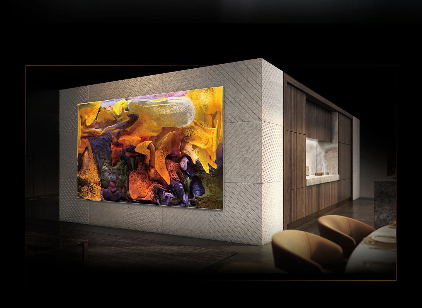 The MICRO LED is attached to a blank wall in a room to show its size and the Art Mode function. The screen shows various colors like white, yellow, blue and orange mixing together in a beautiful design.