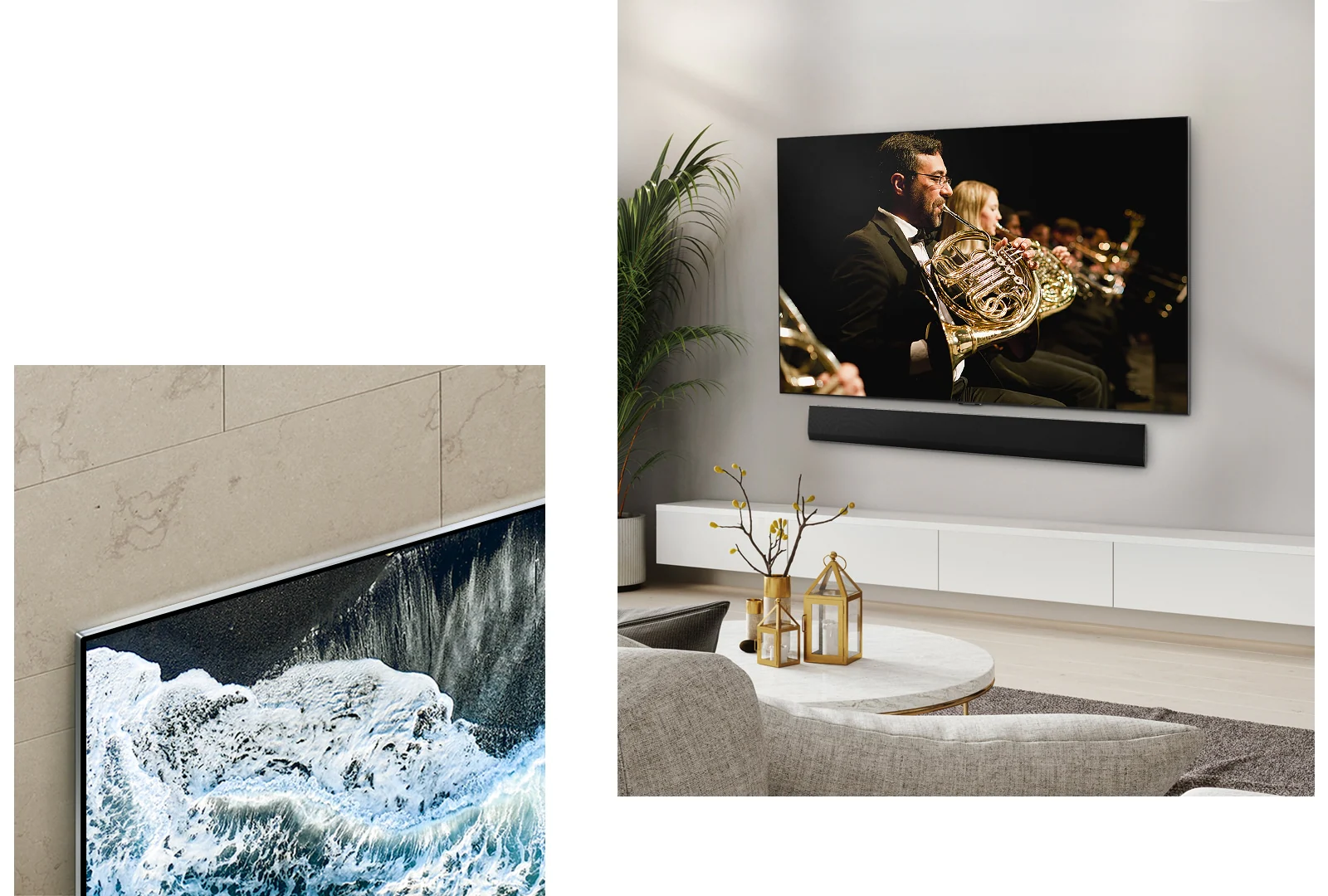 Телевизор LG OLED TV, OLED G4 под углом относительно мраморной стены, демонстрирующий, как он сливается с стеной. Телевизор LG OLED TV, OLED G4 и звуковая панель LG Soundbar в чистом жилом помещении, установленные плоско на стене, с оркестровым выступлением на экране.