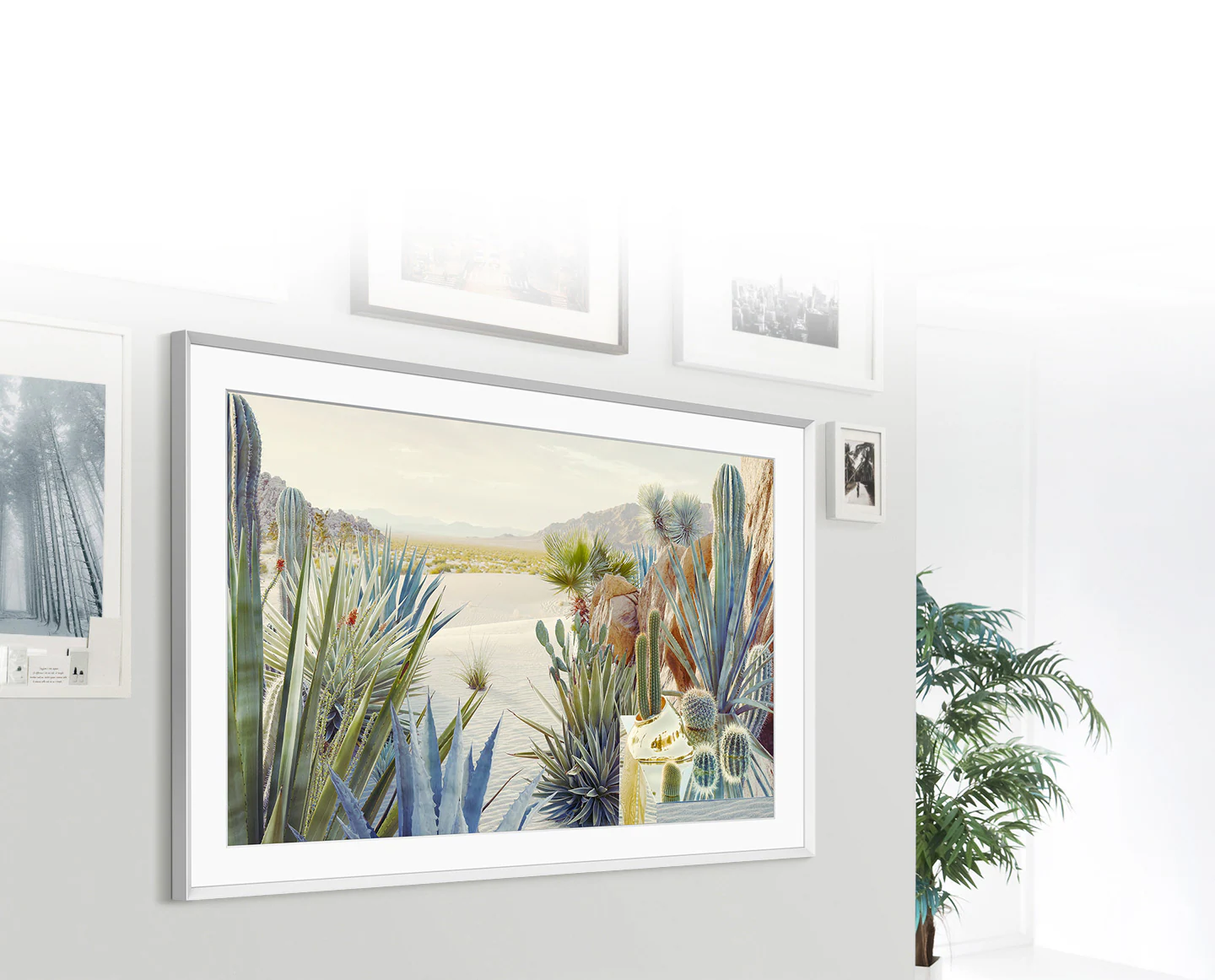 The Frame is hanging on the wall along with other picture frames, which makes The Frame look like a photo on the wall.