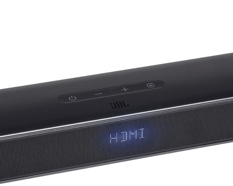 JBL Bar 2.1 Deep Bass MK2 — кнопки управления на верхней панели, дисплей и логотип JBL