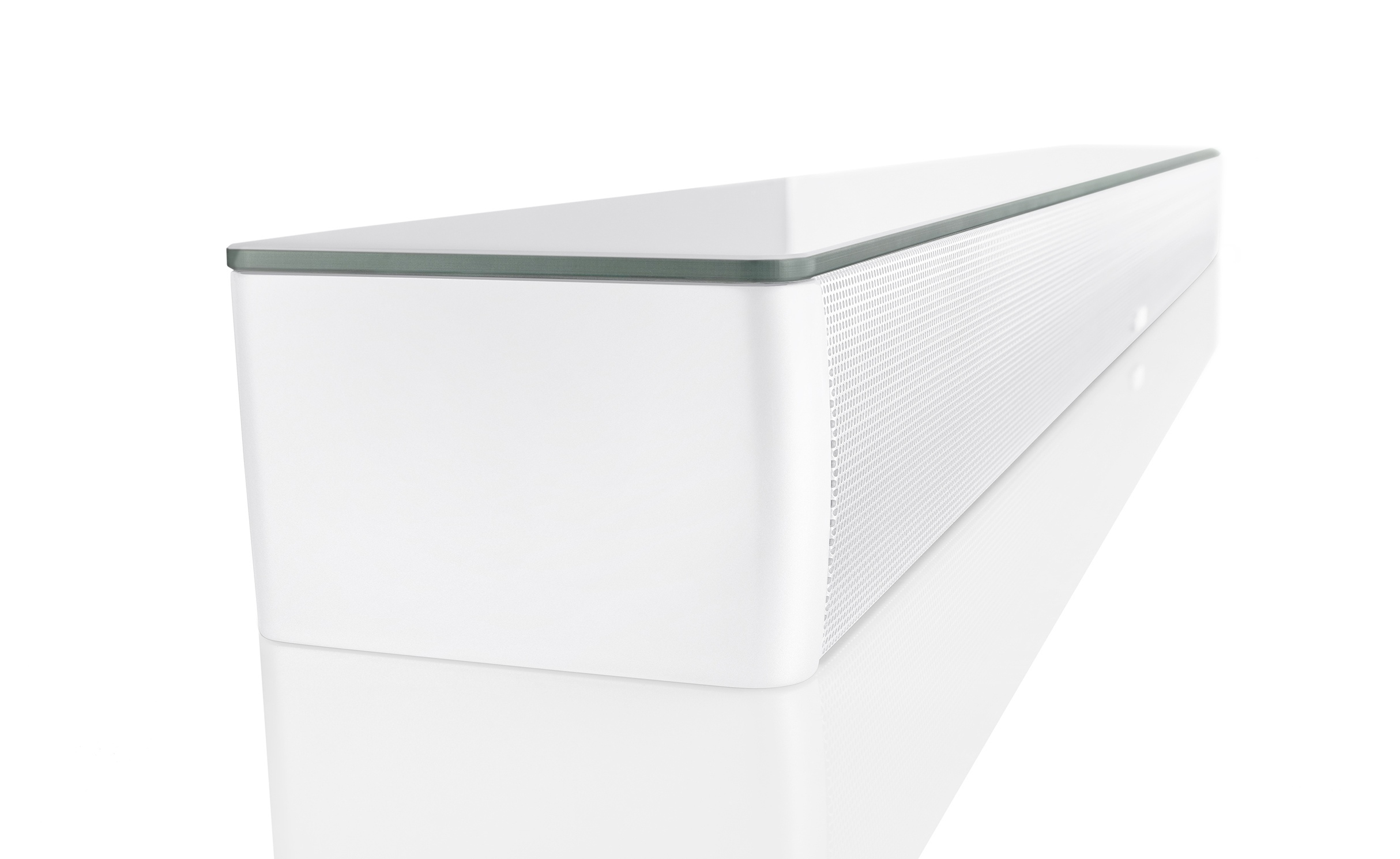 Canton Smart Soundbar 9 белый — тонкий профиль корпуса и текстура акустической сетки, вид сбоку